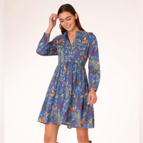 OLIVIA JAMES The Label Waverly True Blue Foxes Dress, Size Large - Picture 2 of 7